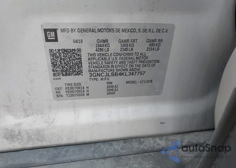 2019 Chevrolet Trax Lt z USA, uszkodzony, nr VIN 3GNCJLSB4KL347757